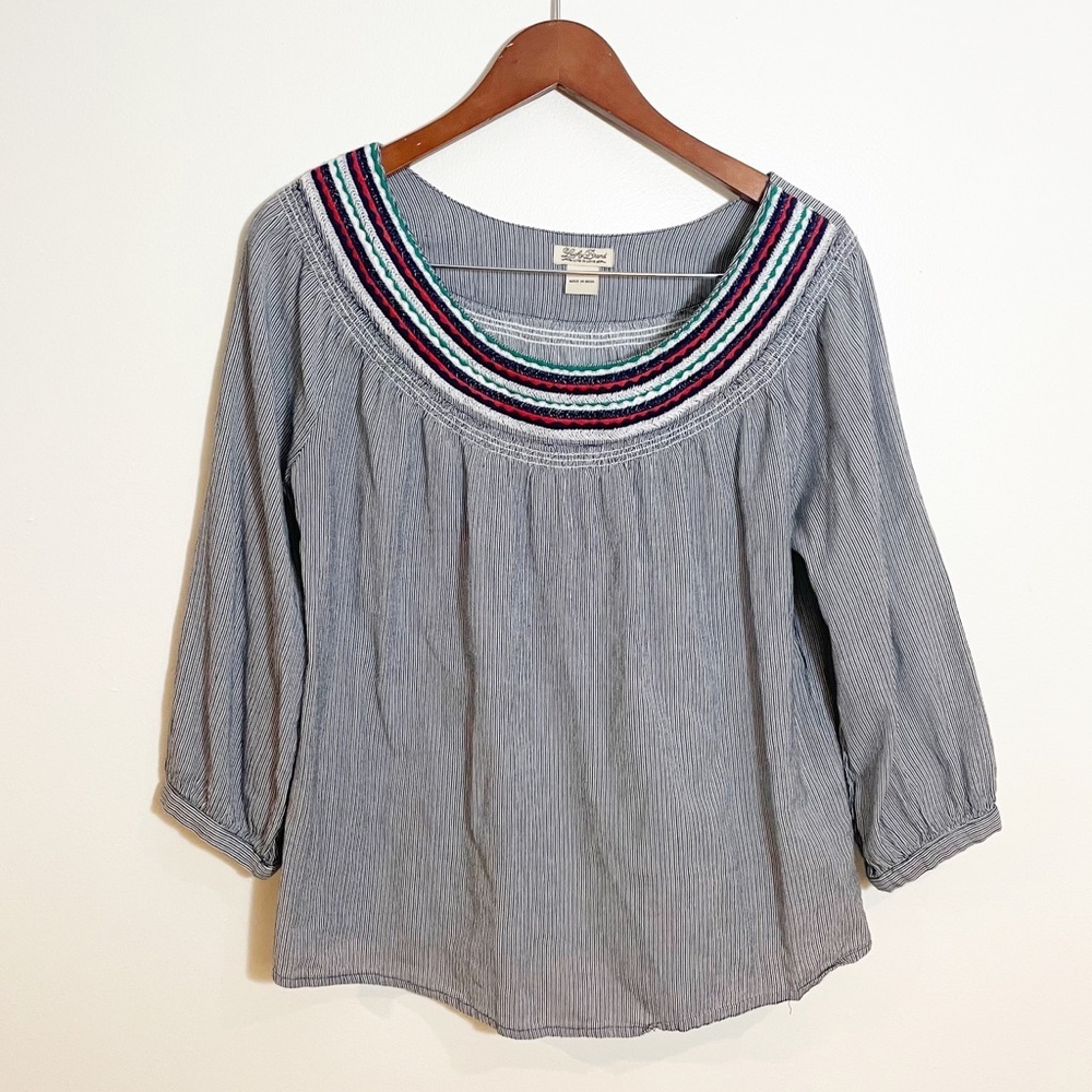 LUCKY BRAND Striped Embroidered Peasant Blouse Medium Boho